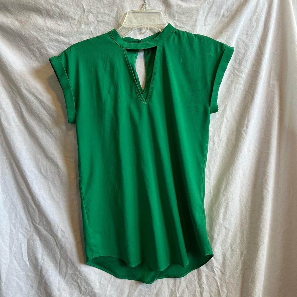 Express Green Cap Sleeve Blouse with Cut Out Mandarin Collar